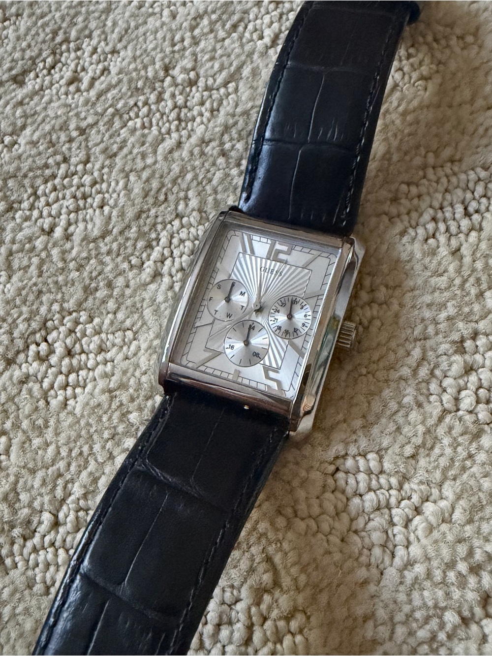 GUESS Men's Silver Dial Watch with Black Leather Strap